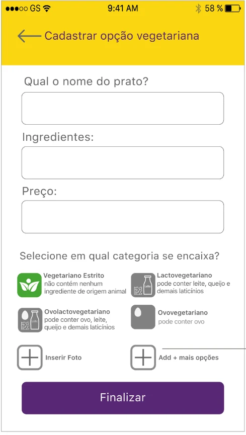 Formulário do protótipo para um estabelecimento cadastrar uma opção vegetariana