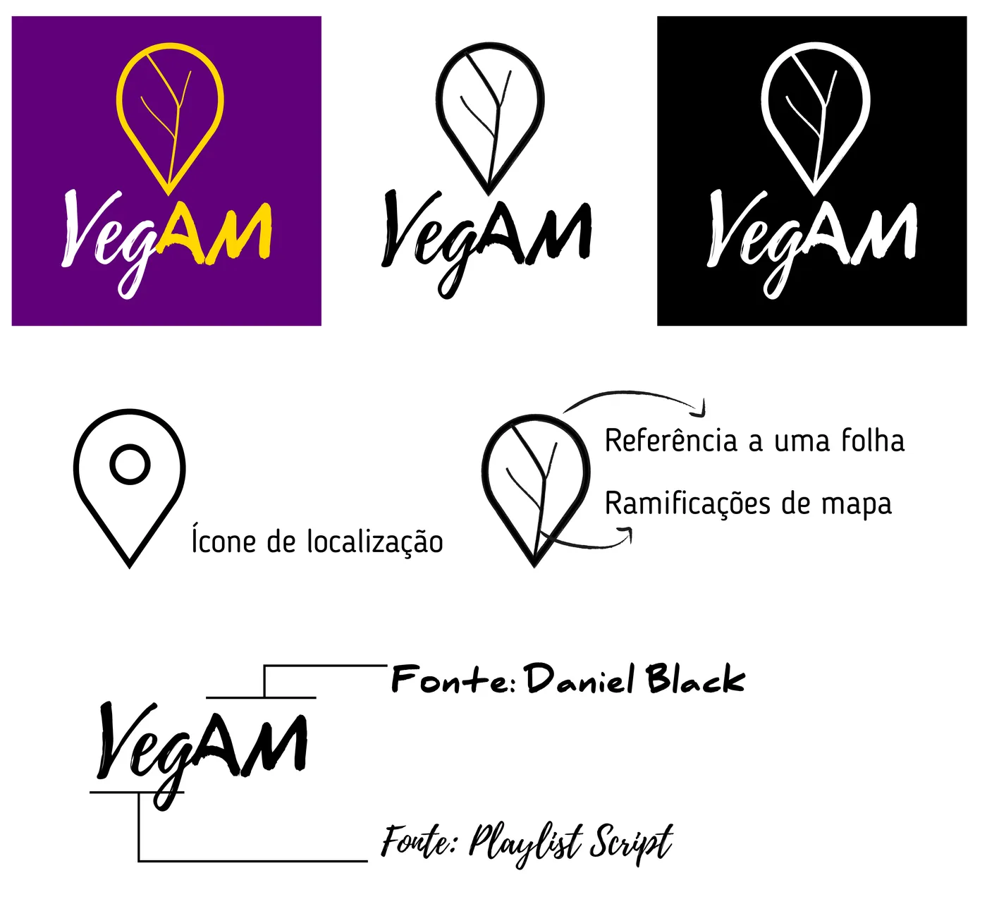 Marca VegAM em versões roxa, preta e branca, com o símbolo de localização em forma de folha e as fontes usadas
