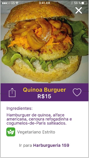 Detalhe do prato Quinoa Burger com ingredientes e categoria alimentar